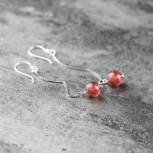 Sterling Silver Strawberry Quartz Crystal Drop Earrings Handmade Jewelry for Women