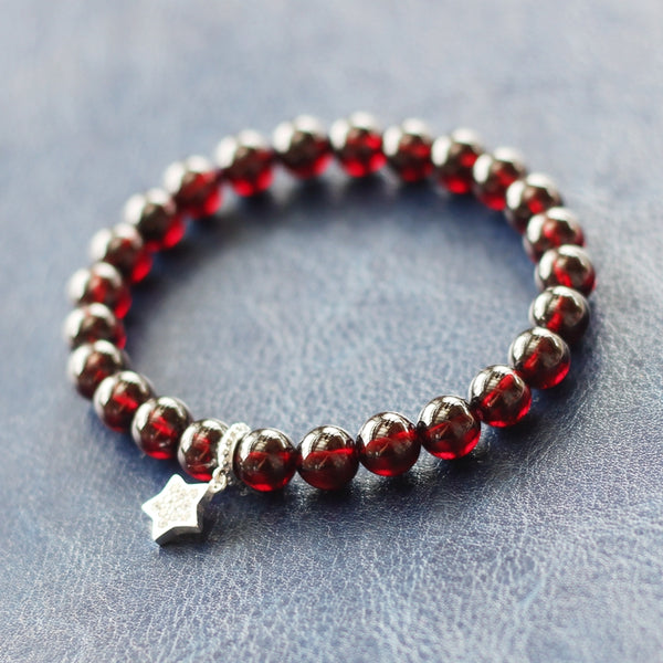 Silver Star Garnet Beaded Bracelet Handmade January Birthstone Jewelry Women