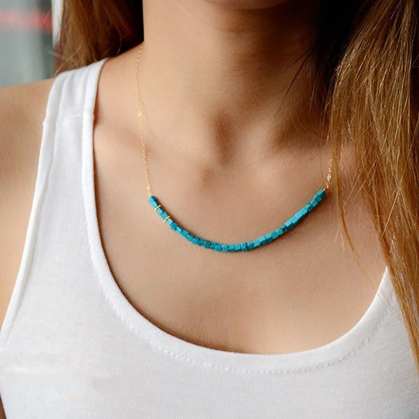 Turquoise Bead Pendant Necklace in 14K Gold Handmade Jewelry Women Accessories