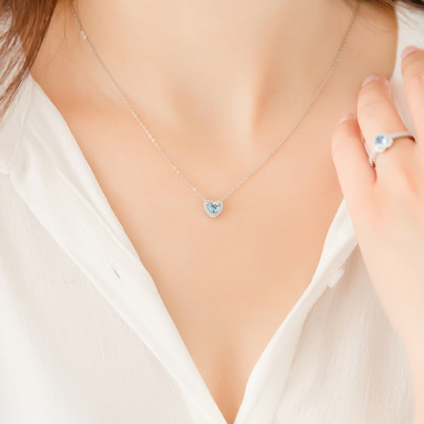 Blue Heart Aquamarine Pendant Necklace in White Gold Plated Silver Women