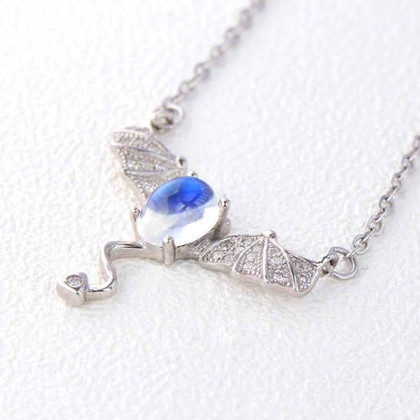Moonstone Little Devil Pendant Necklace in White Gold Plated Silver Jewelry for Women
