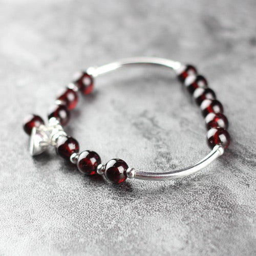 Sterling Silver Garnet Beaded Bracelet Handmade Jewelry January Birthstone for Women