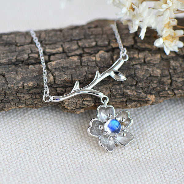 Moonstone Sakura Pendant Necklace in White Gold Plated Silver Jewelry Accessories Women