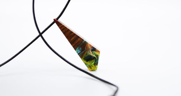 Geometrical Wood and Resin Pendant Necklace Handmade Unique Jewelry For Women Men