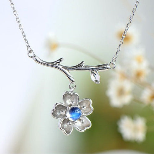 Moonstone Sakura Pendant Necklace in White Gold Plated Silver Jewelry Accessories Women