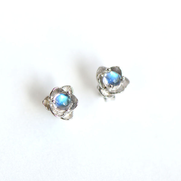 Moonstone Lotus Stud Earrings in White Gold Plated Sterling Silver Jewelry for Women