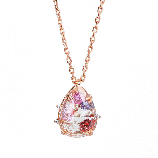 Pink Zircon and White Quartz Crystal Pendant Necklace in Gold Plated Silver Jewelry Women