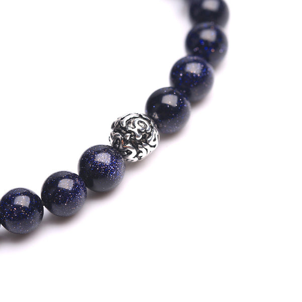 Sterling Silver Obsidian Agate Blue Sandstone Bead Bracelet Jewelry Accessories Women Men