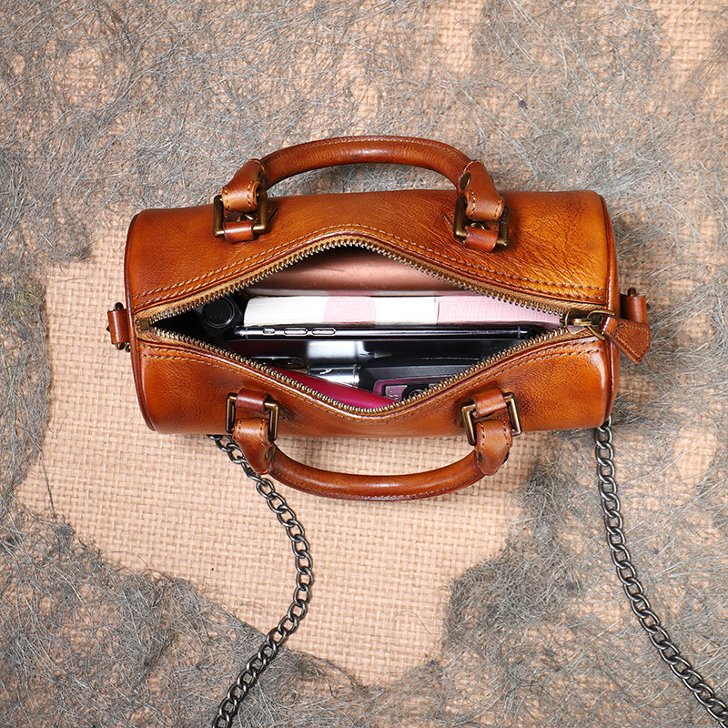 Womens Barrel Purse Genuine Leather Crossbody Bags for Women, Brown