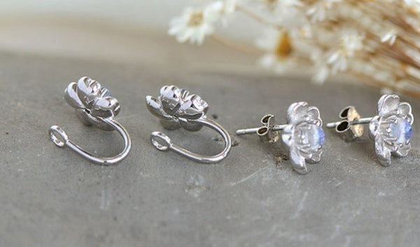 Moonstone Stud Earrings Clip Earrings in White Gold Plated Silver Jewelry Women