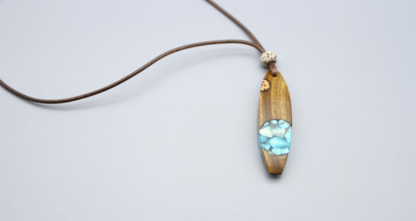 Turquoise Wood Resin Pendant Necklace Handmade December Birthstone Jewelry For Women Men