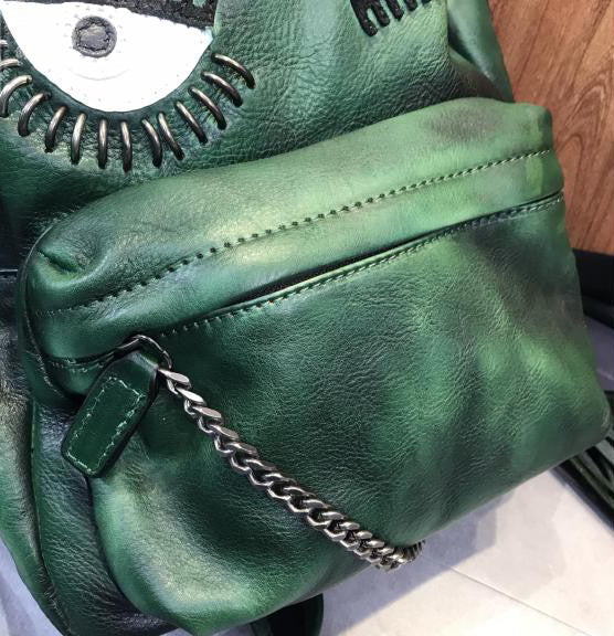 Handmade Womens Green Leather Backpack Purse Leather Rucksack for Women