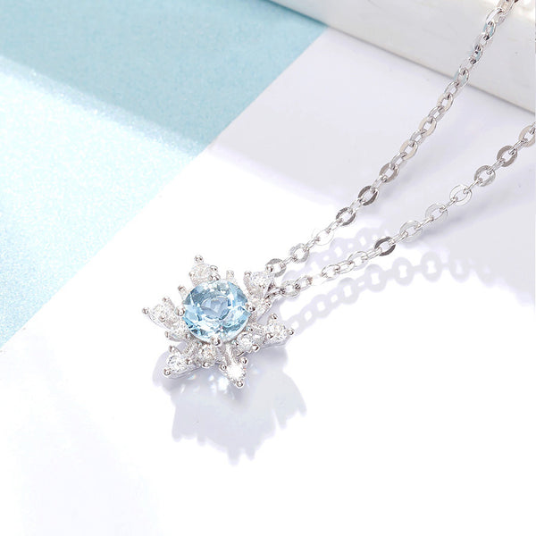 Aquamarine Snowflake Pendant Necklace with Diamond Halo in White Gold Plated Sterling Silver For Women Accessories