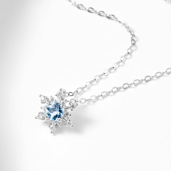 Aquamarine Snowflake Pendant Necklace with Diamond Halo in White Gold Plated Sterling Silver For Women