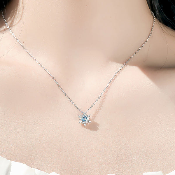 Aquamarine Snowflake Pendant Necklace with Diamond Halo in White Gold Plated Sterling Silver For Women Affordable