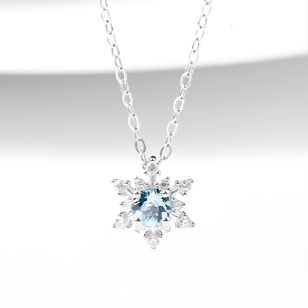 Aquamarine Snowflake Pendant Necklace with Diamond Halo in White Gold Plated Sterling Silver For Women Beautiful