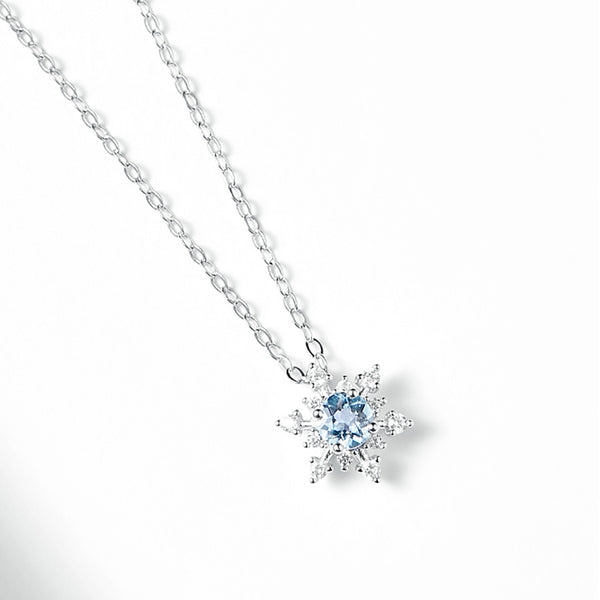 Aquamarine Snowflake Pendant Necklace with Diamond Halo in White Gold Plated Sterling Silver For Women Cute