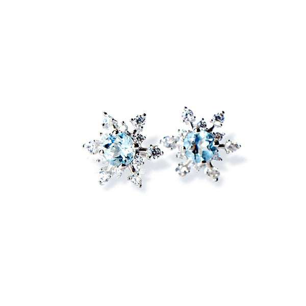 Aquamarine Snowflake Stud Earrings March Birthstone Jewelry