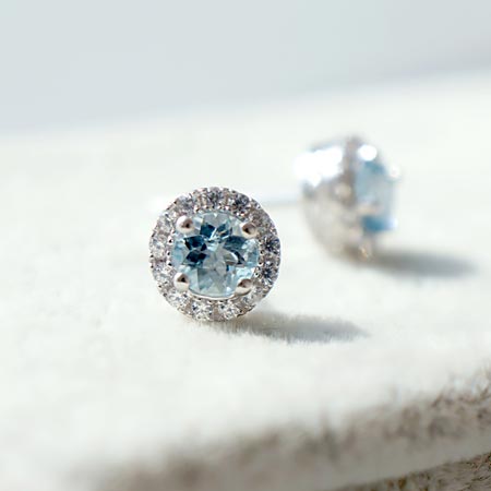 Round Aquamarine Stud Earrings with Diamond Halo in White Gold Plated Sterling Silver