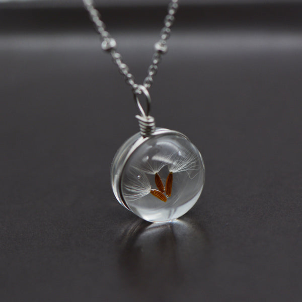 Artificial Crystal Glass Herbage Pendant Necklace Silver Unique Handmade Jewelry Women dandelion seed