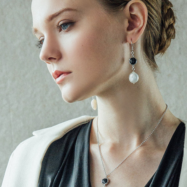 Baroque Freshwater Pearl Onyx Drop Earrings in Sterling Silver Jewelry Accessories Women