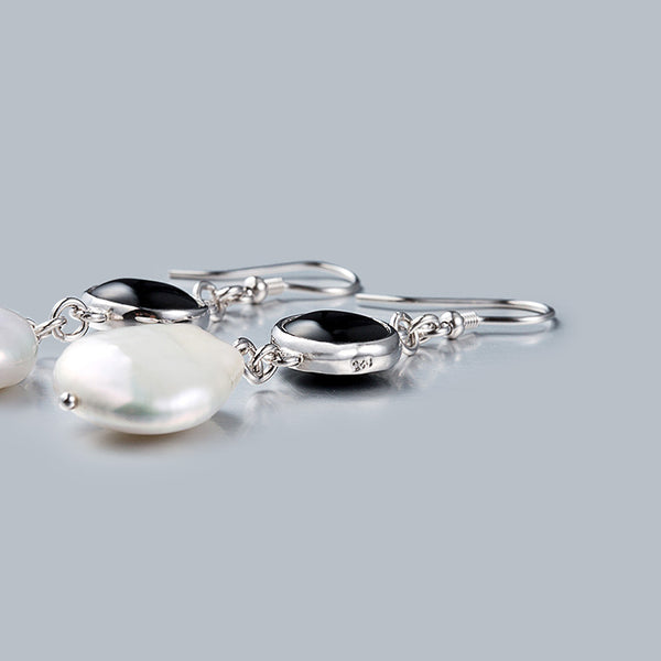 Baroque Pearl Onyx Drop Earrings Silver Jewelry Accessories Women beautiful