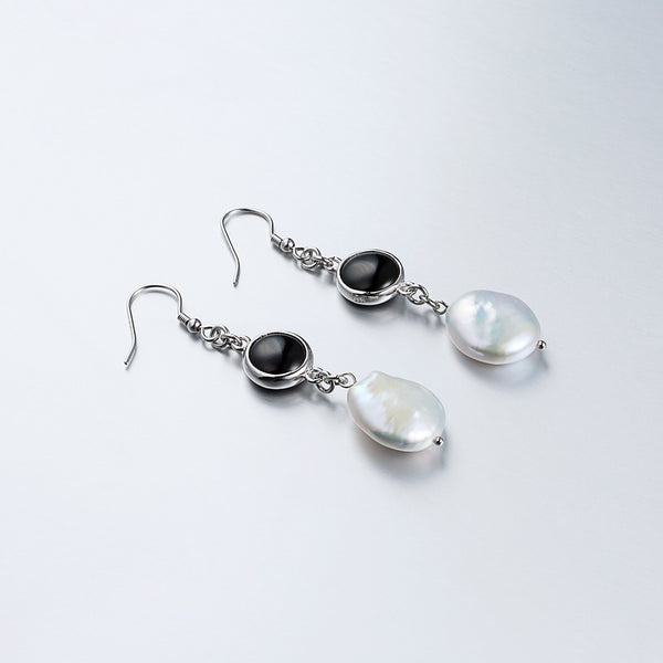 Baroque Pearl Onyx Drop Earrings Silver Jewelry Accessories Women cute