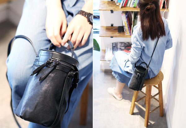 Black Leather Bucket Bag Womens Handbags Crossbody Bags for Women Genuine Leather