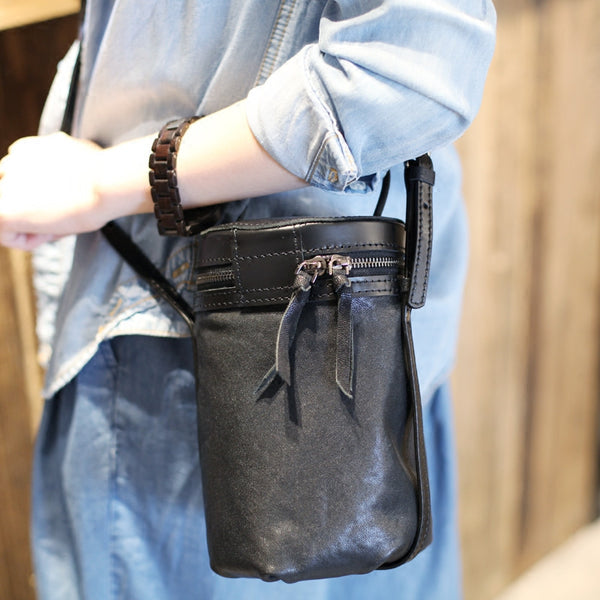 Black Leather Bucket Bag Womens Handbags Crossbody Bags for Women small