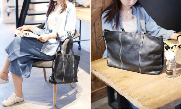Black Leather Womens Tote Bag Handbags Shoulder Bag for Women gift