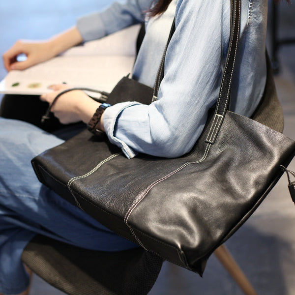 Black Leather Womens Tote Bag Handbags Shoulder Bag for Women
