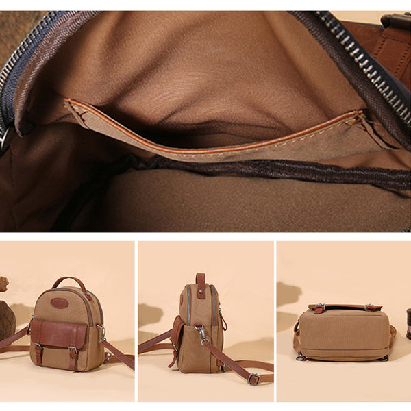 Blue Canvas Leather Handbag Small Rucksack Backpack Purse for Women Details