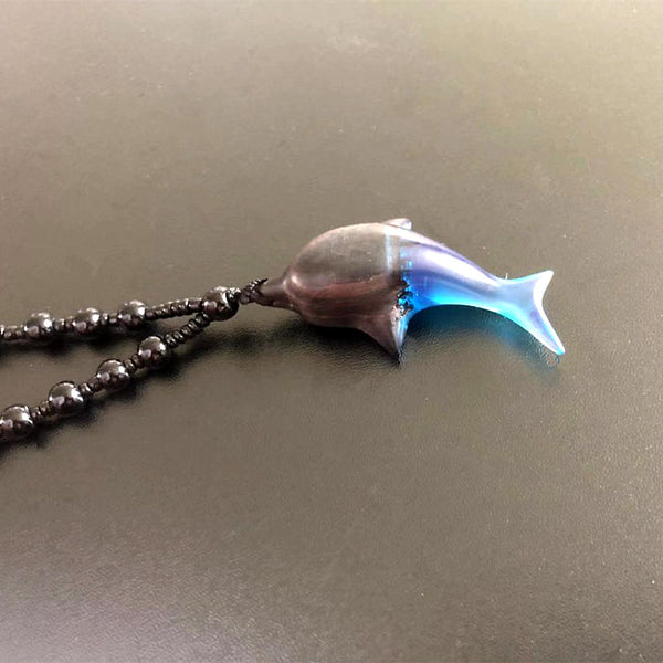 Blue Epoxy Resin Wood Pendant Necklace Handmade Dolphin Shaped Jewelry