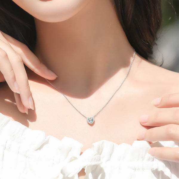 Blue Heart Aquamarine Pendant Necklace in White Gold Plated Silver Women Aesthetic