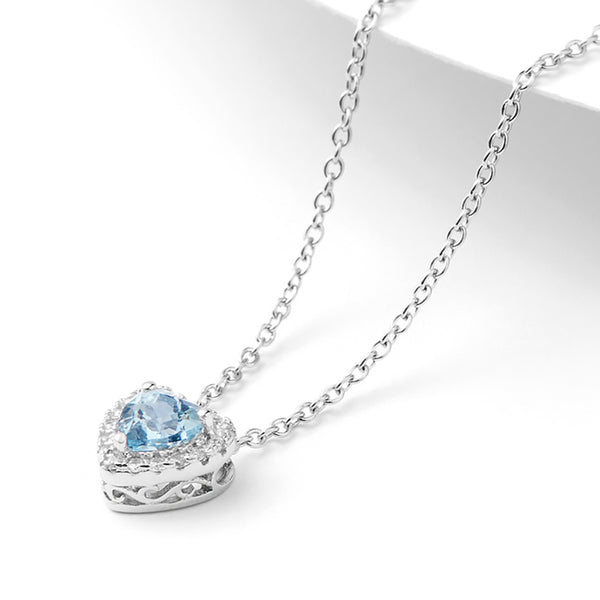 Blue Heart Aquamarine Pendant Necklace in White Gold Plated Silver Women Chic