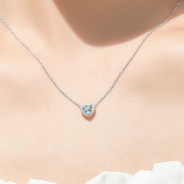 Blue Heart Aquamarine Pendant Necklace in White Gold Plated Silver Women Cute