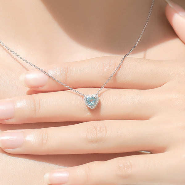 Blue Heart Aquamarine Pendant Necklace in White Gold Plated Silver Women Elegant