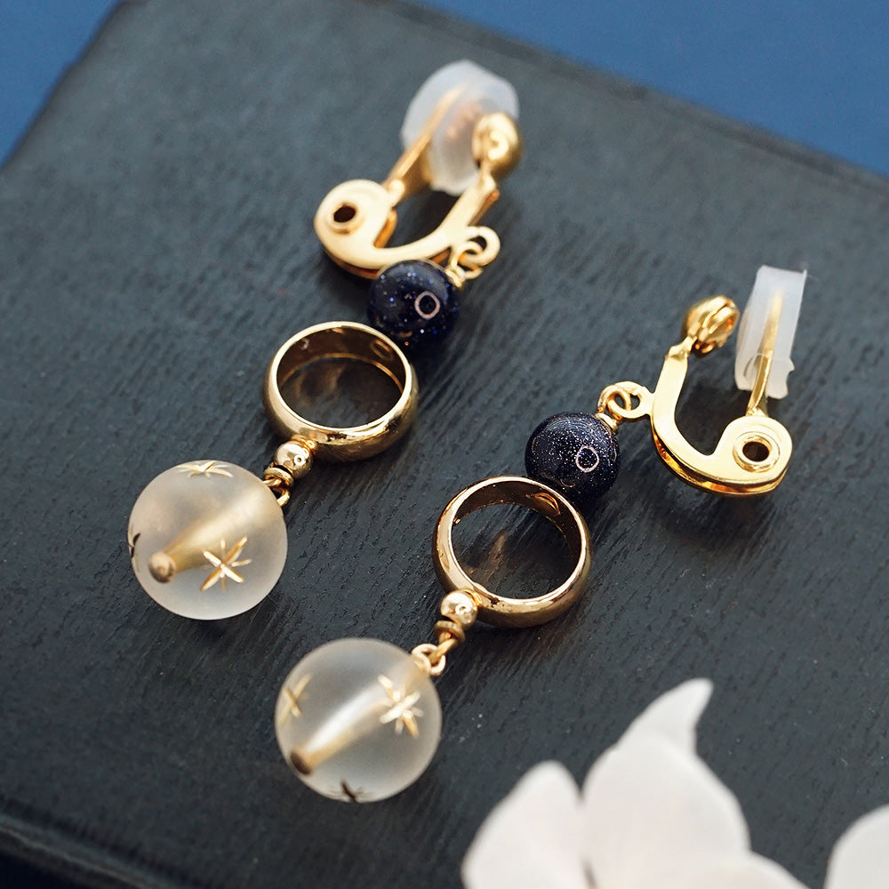 Blue Sandstone Stud Clip Earrings Gold Unique Handmade Jewelry Women beautiful