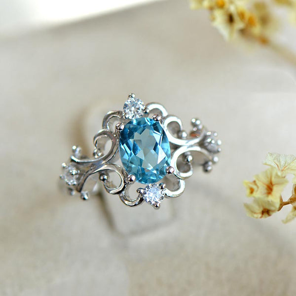 Blue Topaz Rings in White Gold Plated Sterling Silver November Birthstone Handmade Jewelry