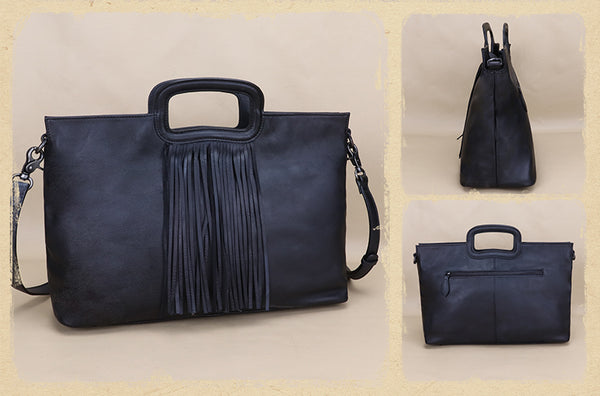 Boho Black Leather Fringe Handbags Leather Shoulder Bag For Women