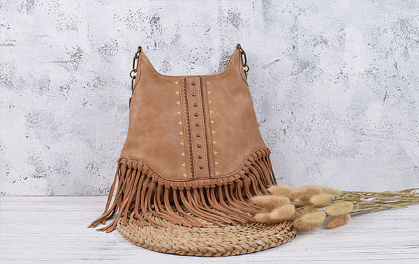 Boho Ladies Western Vegan Leather Purses With Suede Leather Fringe Shoulder Handbags for Women Chic