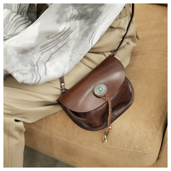 Boho Women's Brown Leather Crossbody Saddle Bag Satchel Bag For Women Beautiful