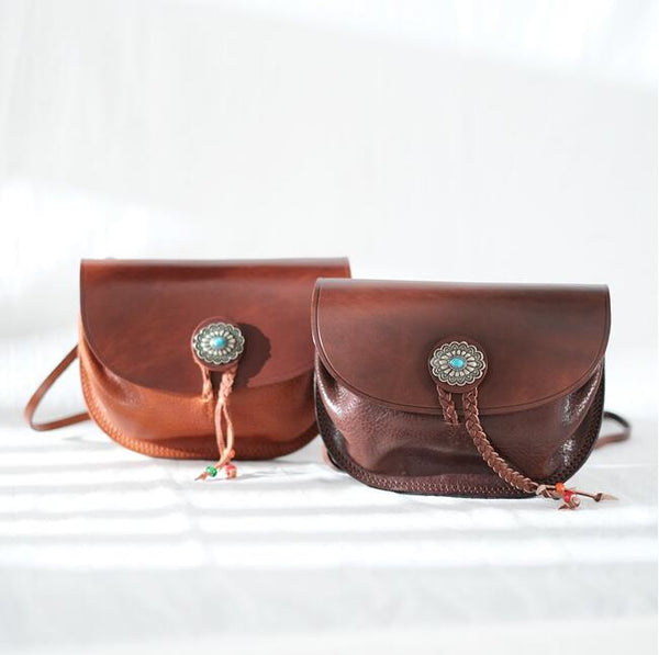 Boho Women's Brown Leather Crossbody Saddle Bag Satchel Bag For Women Cute