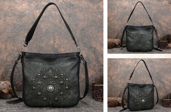 Boho Women's Rivets Leather Crossbody Satchel Purse Tote Handbags for Women Designer