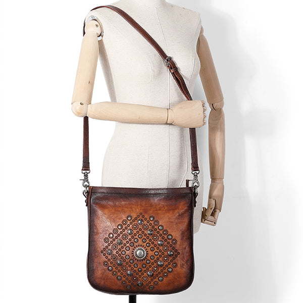 Boho Women's Rivets Leather Crossbody Satchel Purse Tote Handbags for Women Durable