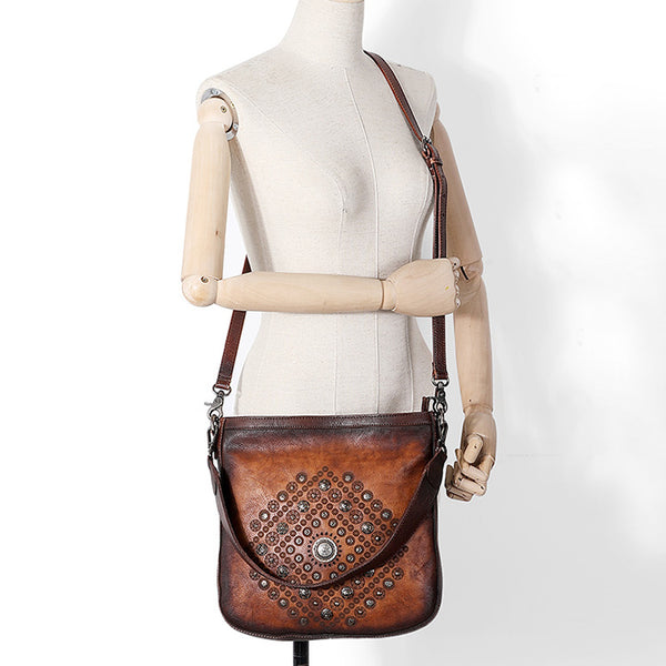 Boho Women's Rivets Leather Crossbody Satchel Purse Tote Handbags for Women Fashion