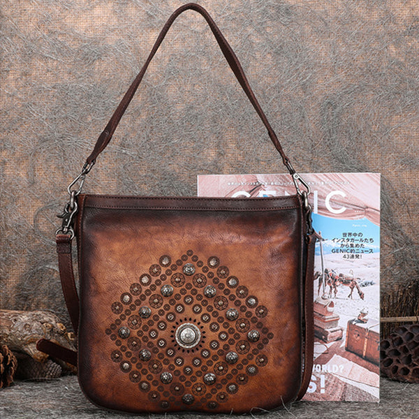 Boho Women's Rivets Leather Crossbody Satchel Purse Tote Handbags for Women Handmade