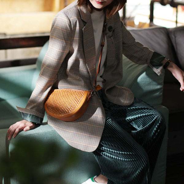 Boho Womens Half Round Brown Leather Braided Crossbody Purse Small Shoulder Bag for Women Designer