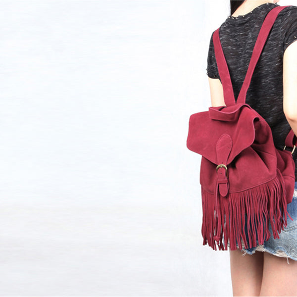 Boho Womens Leather Fringe Backpack Purse Hippie Backpack Bags for Women Chic