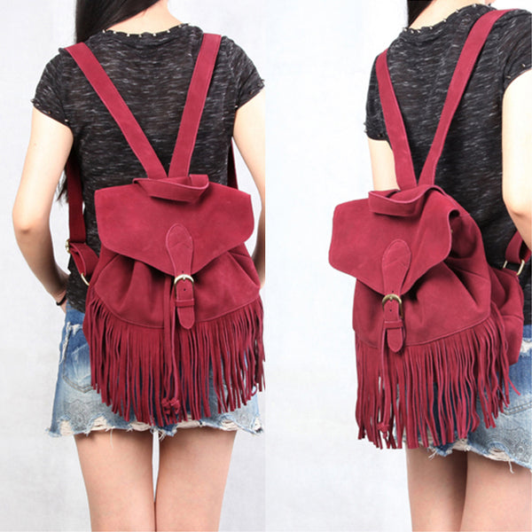 Boho Womens Leather Fringe Backpack Purse Hippie Backpack Bags for Women Designer